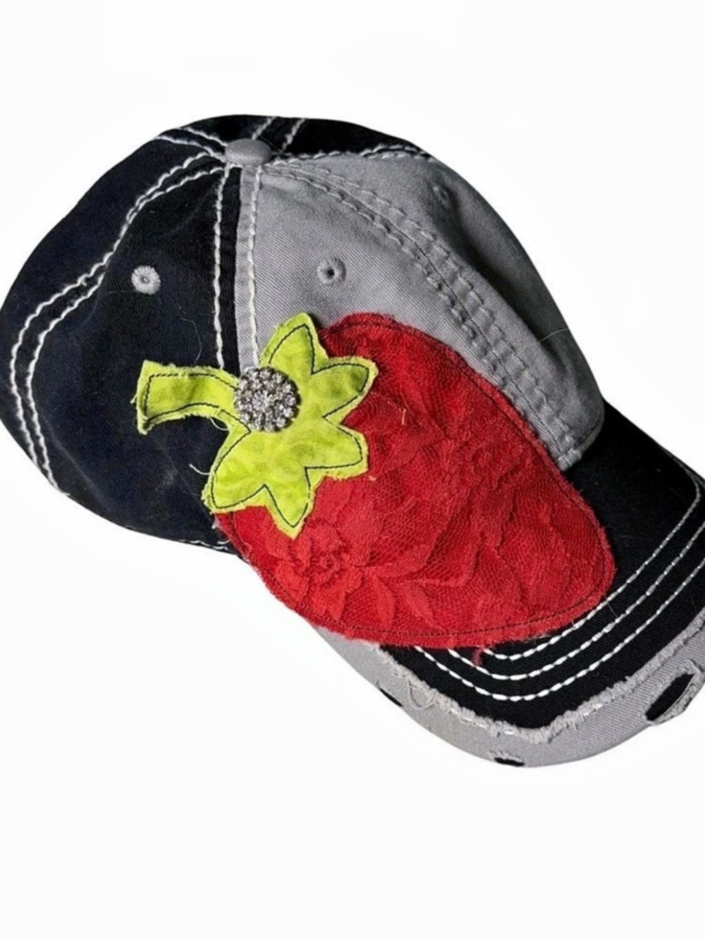 Y2K OTTO Floral Appliqué Black & Gray Hat